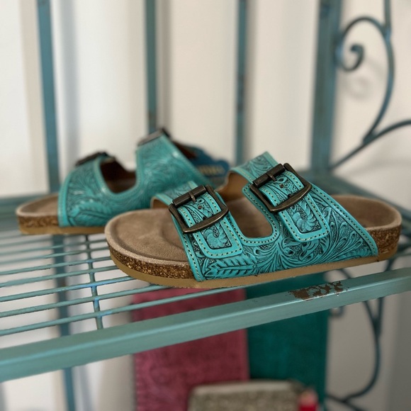 New Turquoise Myra Bag Hand Tooled Genuine Leather Summer Sandal Sunflower - Picture 12 of 16
